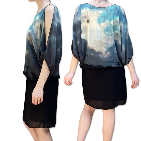 M.S.S.P. Cloud Print Dress Black Skirt Overlay Batwing Sleeves Adjustable Waist - Picture 4 of 7